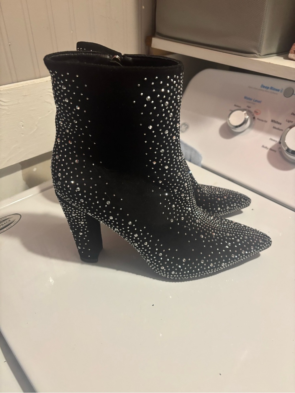 Black Crystal-Embellished Pointed Toe Ankle Boots
